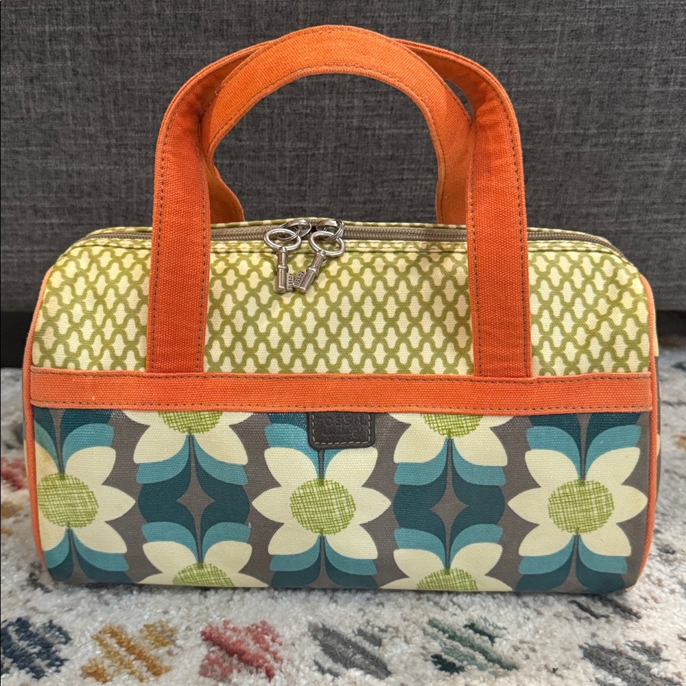 Vintage Fossil Floral Cosmetic Bag Key Zipper Canvas Travel Pouch Retro Y2K